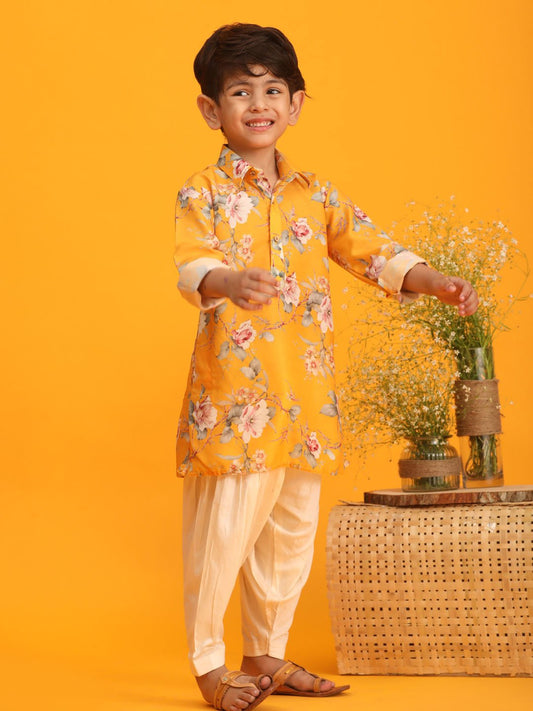 Boys' Multicolor Base Yellow Kurta Patiala Set