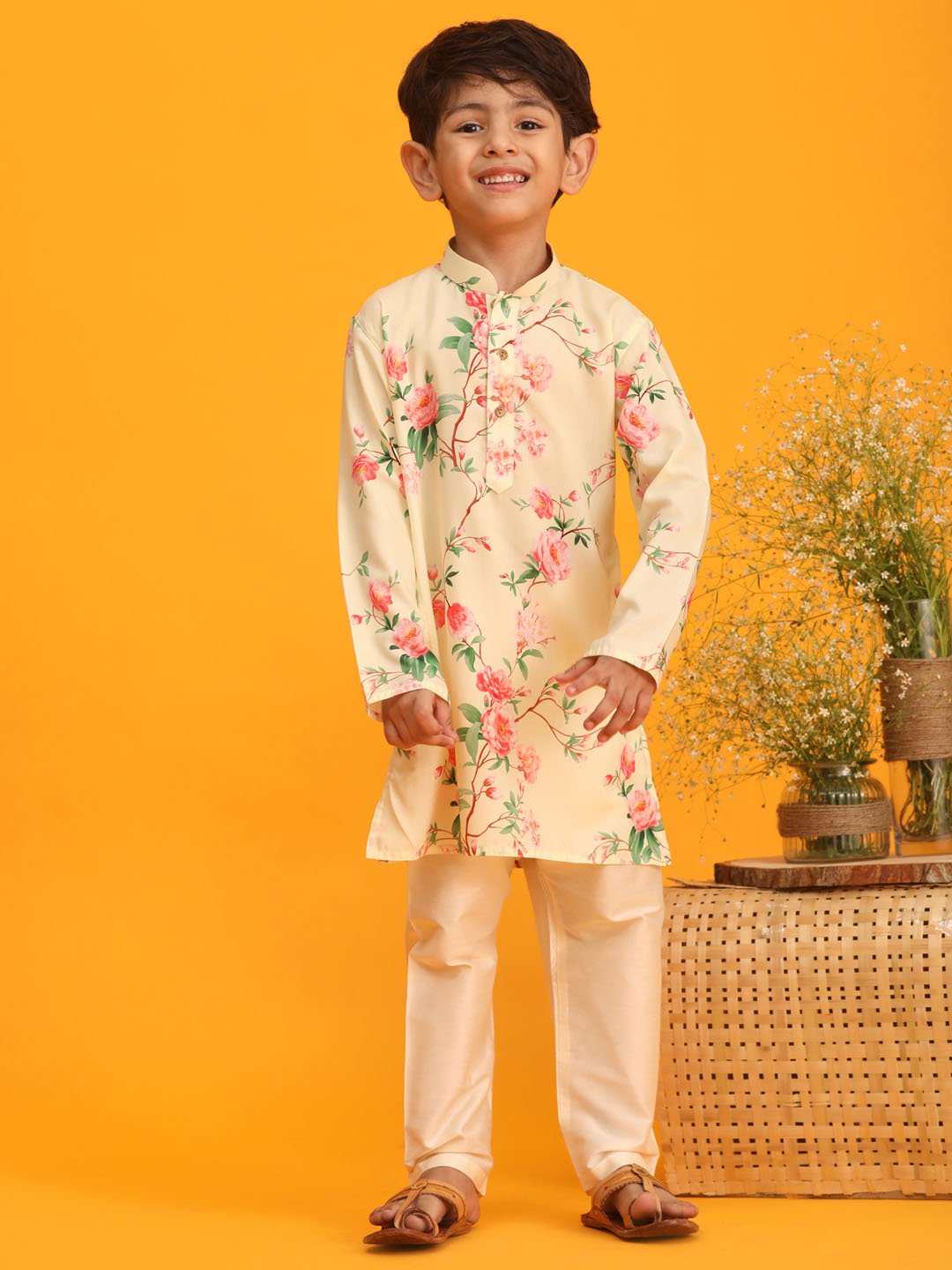 Boys' Multicolor Base Yellow Kurta Pyjama Set