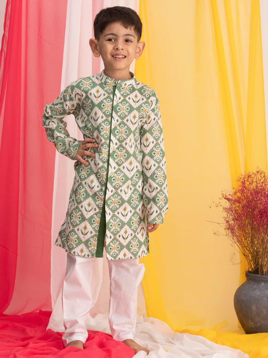 Boys' Green And White Kurta Pyjama Set