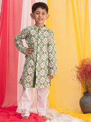 Boys' Green And White Kurta Pyjama Set