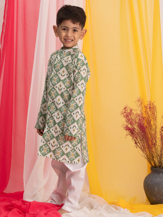 Boys' Green And White Kurta Pyjama Set