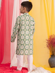 Boys' Green And White Kurta Pyjama Set