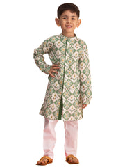 Boys' Green And White Kurta Pyjama Set