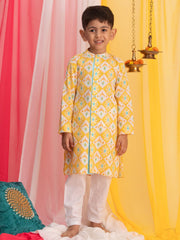 Boys' Yellow And White Kurta Pyjama Set