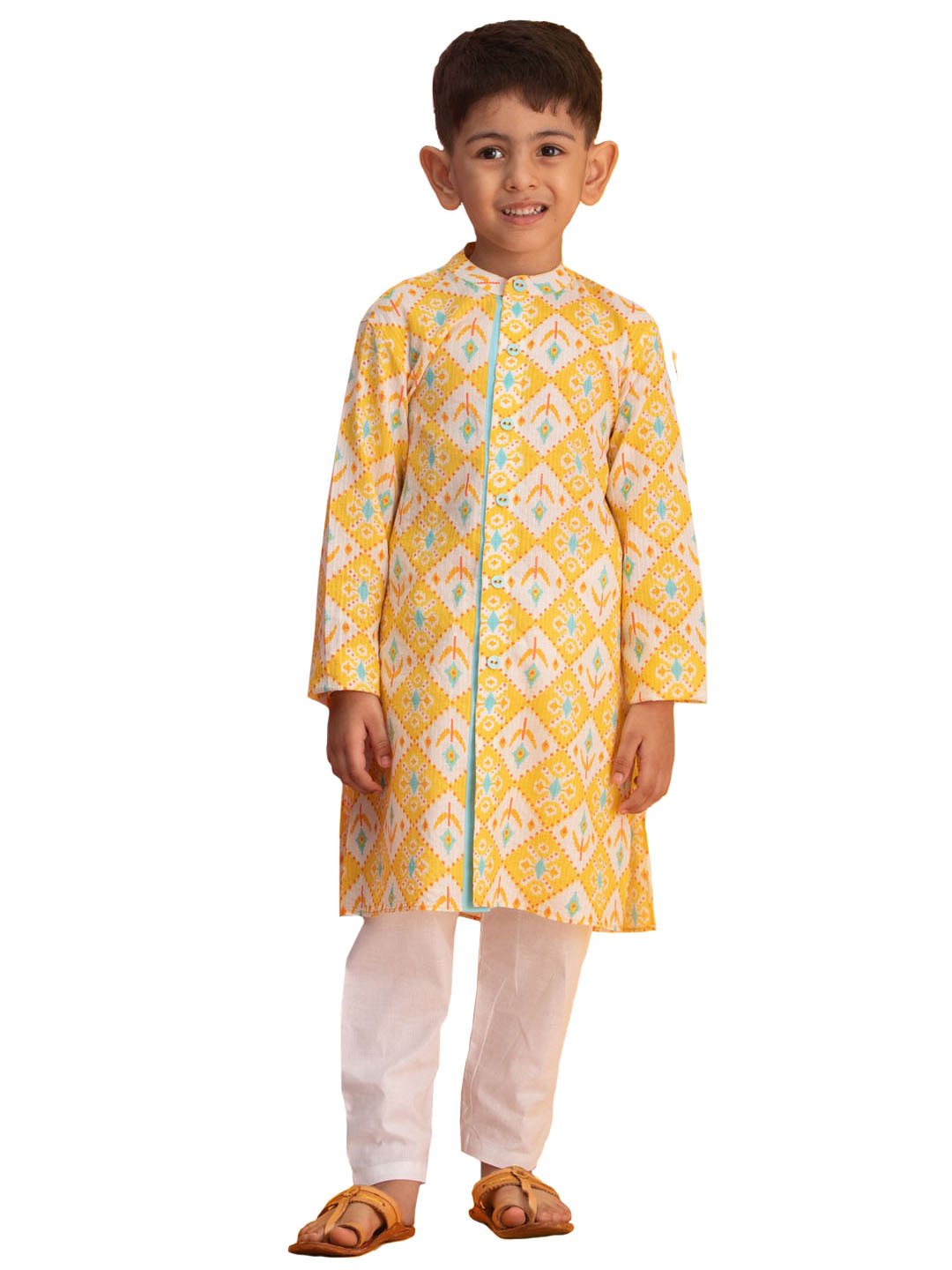 Boys' Yellow And White Kurta Pyjama Set