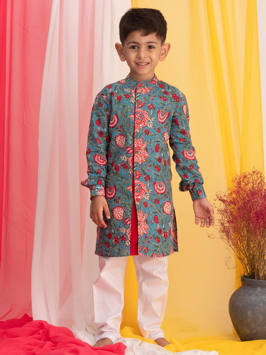 Boys' Blue And White Kurta Pyjama Set