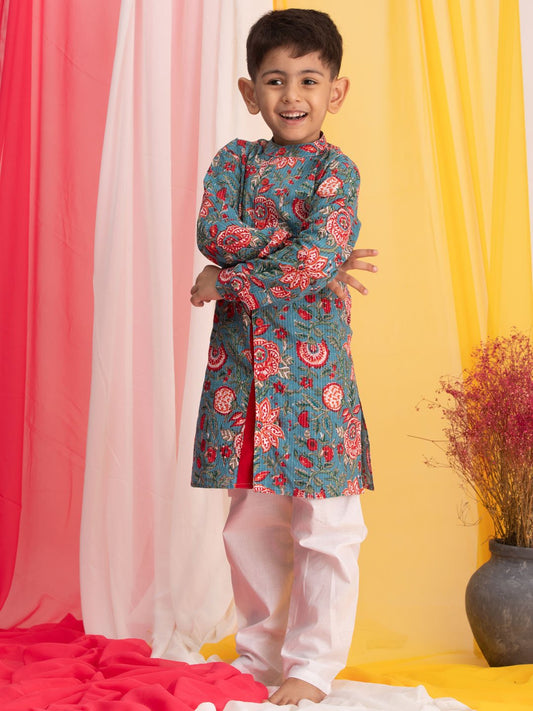 Boys' Blue And White Kurta Pyjama Set