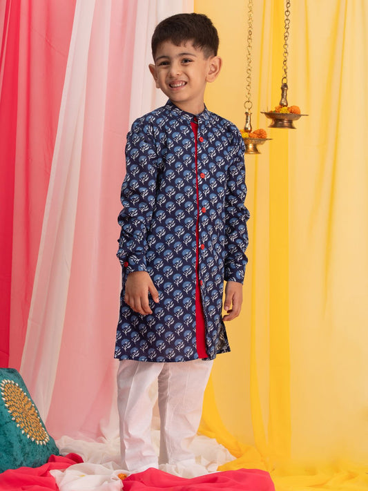 Boys' Blue And White Kurta Pyjama Set