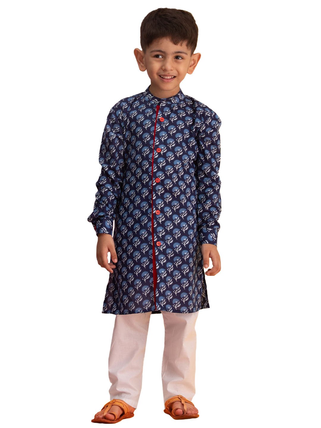 Boys' Blue And White Kurta Pyjama Set