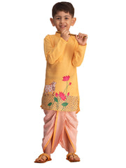 Boys' Yellow And White Kurta Pyjama Set