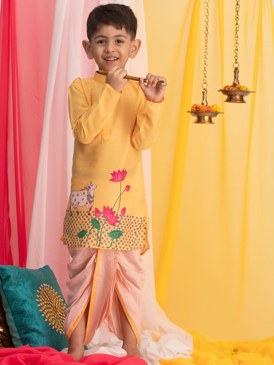 Boys' Yellow And White Kurta Pyjama Set