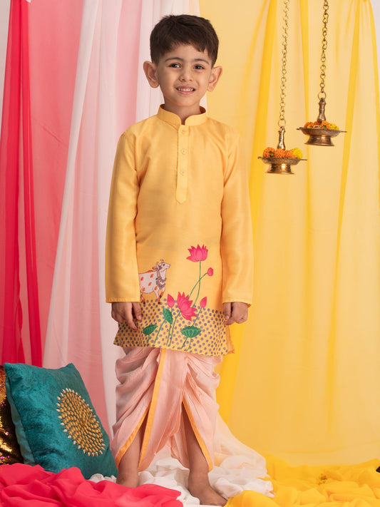 Boys' Yellow And White Kurta Pyjama Set