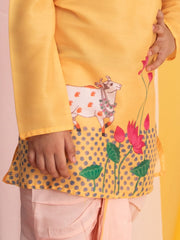 Boys' Yellow And White Kurta Pyjama Set