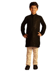 Boys' Black And White Kurta Pyjama Set