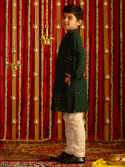 Boys' Green And White Kurta Pyjama Set