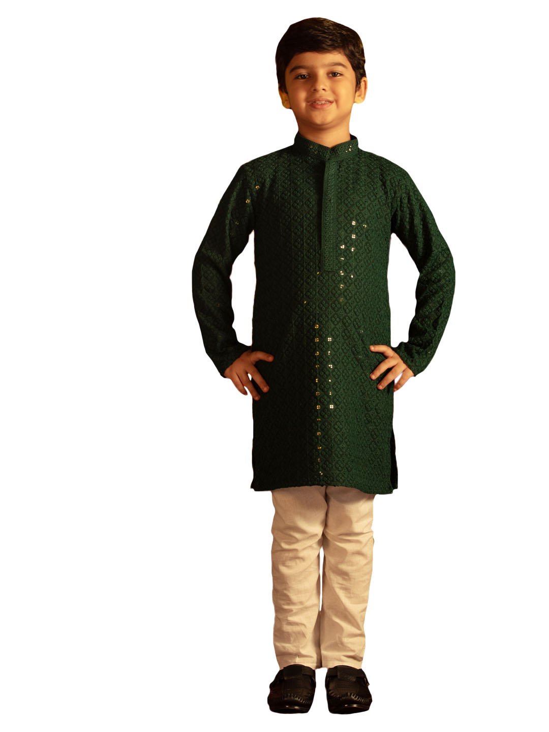 Boys' Green And White Kurta Pyjama Set