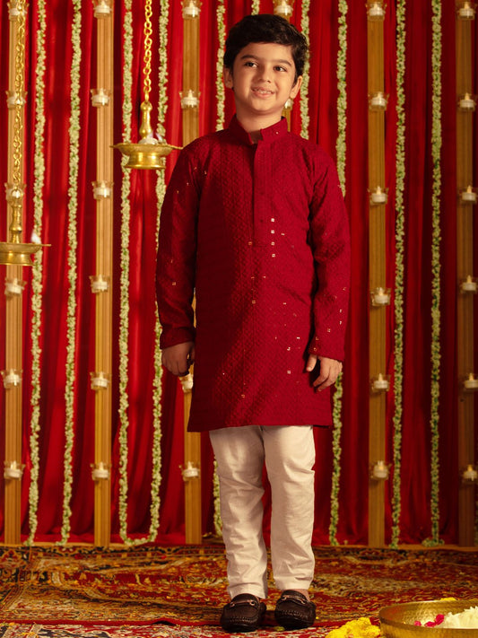 Boys' Maroon And White Kurta Pyjama Set