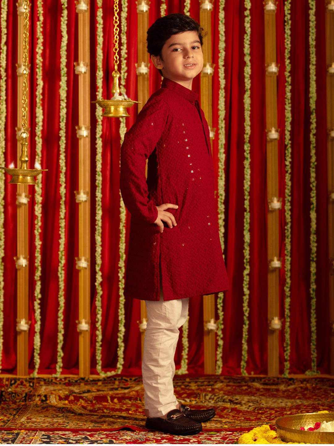 Boys' Maroon And White Kurta Pyjama Set