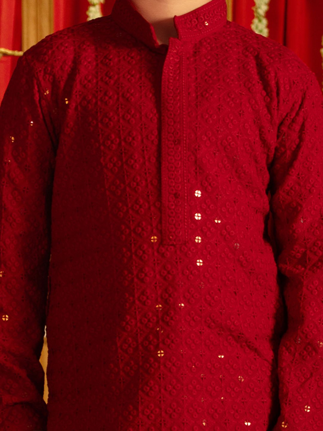 Boys' Maroon And White Kurta Pyjama Set