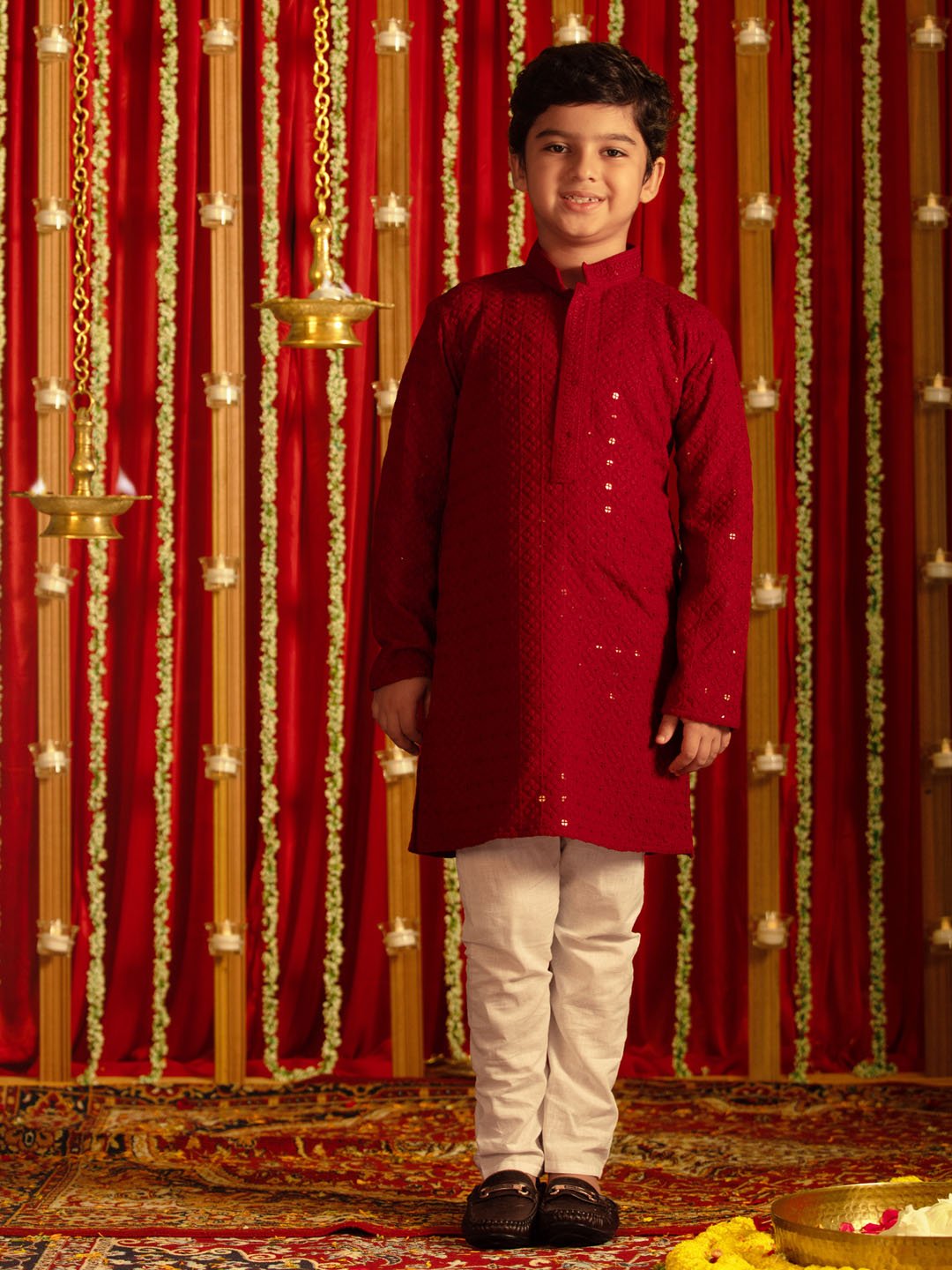 Boys' Maroon And White Kurta Pyjama Set