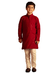 Boys' Maroon And White Kurta Pyjama Set