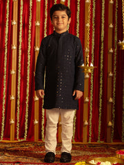 Boys' Navy Blue And White Kurta Pyjama Set