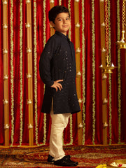 Boys' Navy Blue And White Kurta Pyjama Set