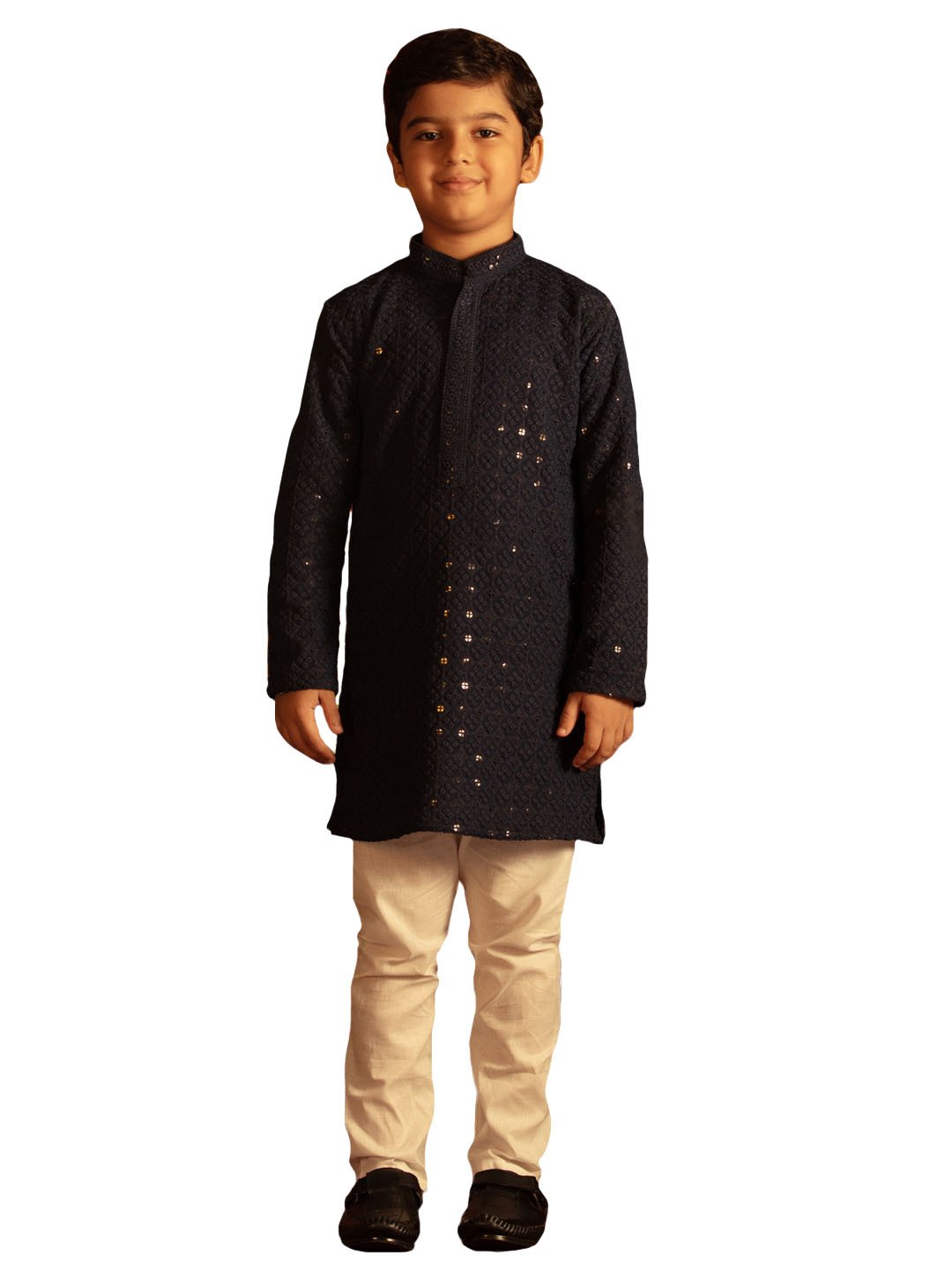 Boys' Navy Blue And White Kurta Pyjama Set