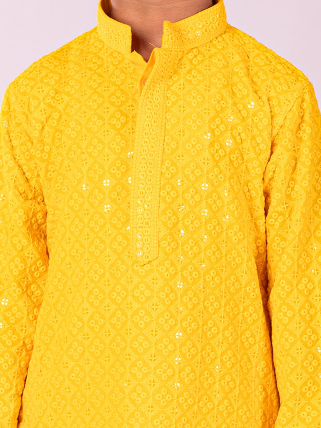 Boys' Yellow And White Kurta Pyjama Set