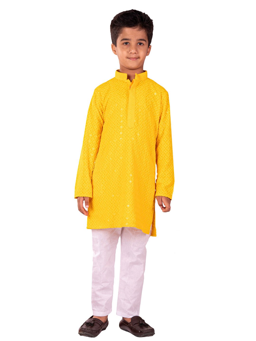 Boys' Yellow And White Kurta Pyjama Set