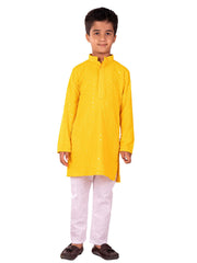 Boys' Yellow And White Kurta Pyjama Set