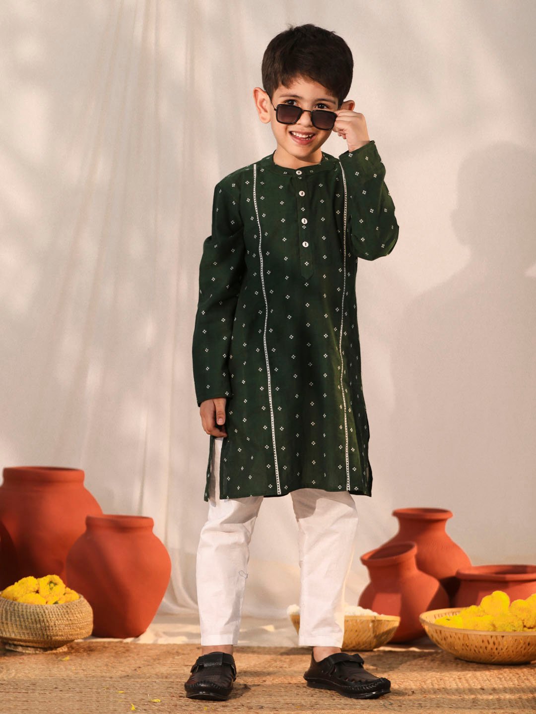 Boys' Bottle Green Kurta Pyjama Set