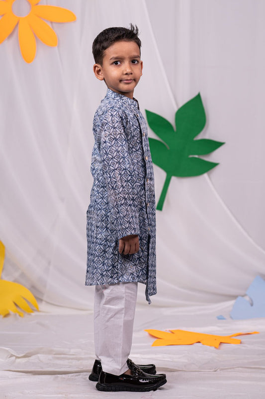 Boys' Blue And White Kurta Pyjama Set