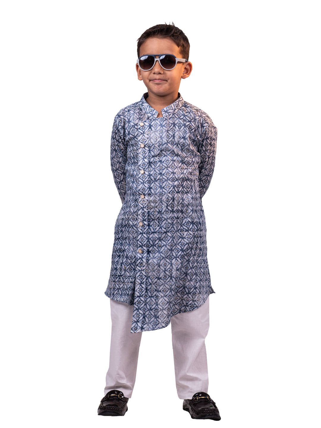 Boys' Blue And White Kurta Pyjama Set