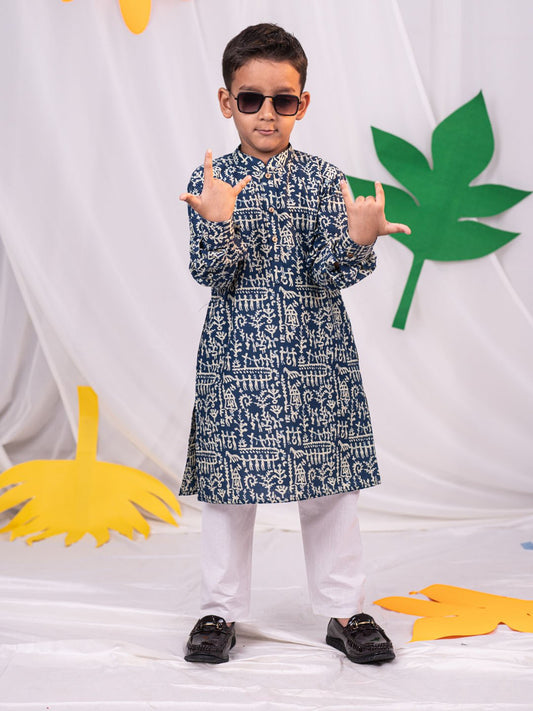 Boys' Navy Blue And White Kurta Pyjama Set