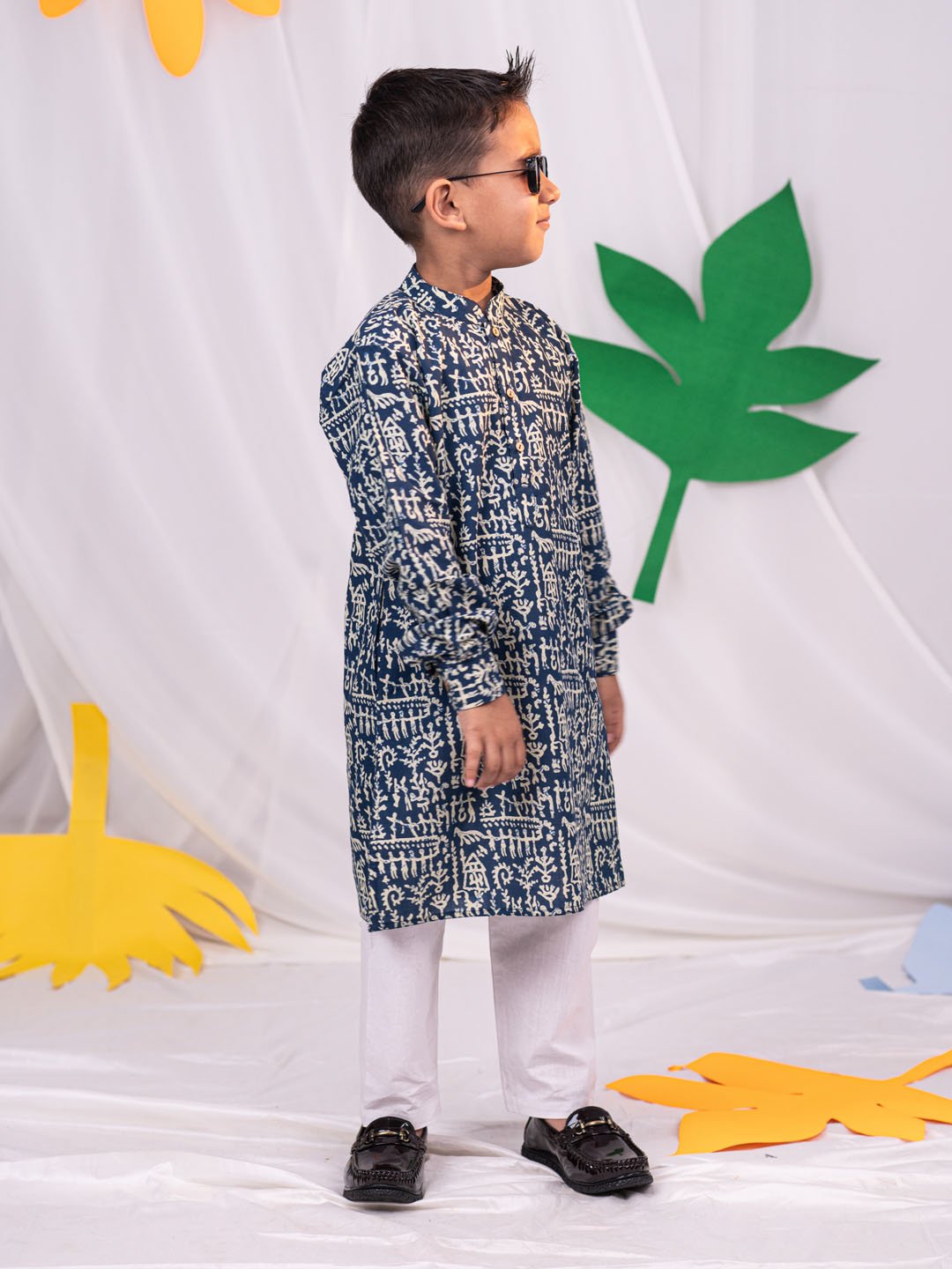 Boys' Navy Blue And White Kurta Pyjama Set