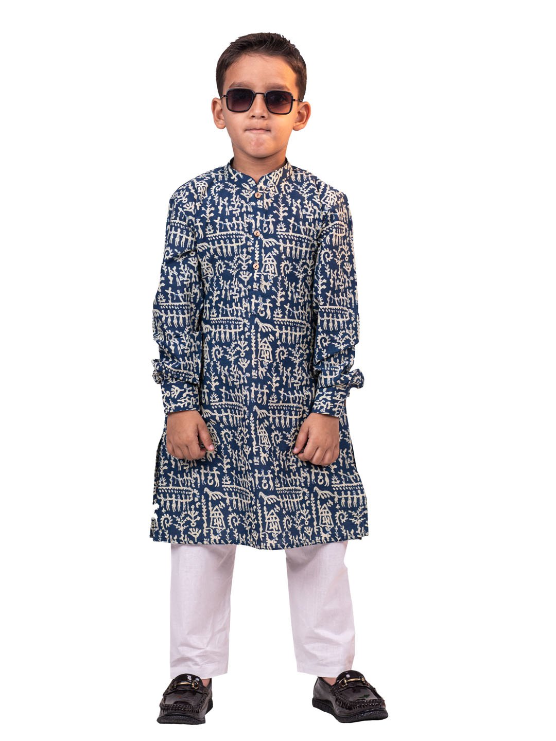 Boys' Navy Blue And White Kurta Pyjama Set