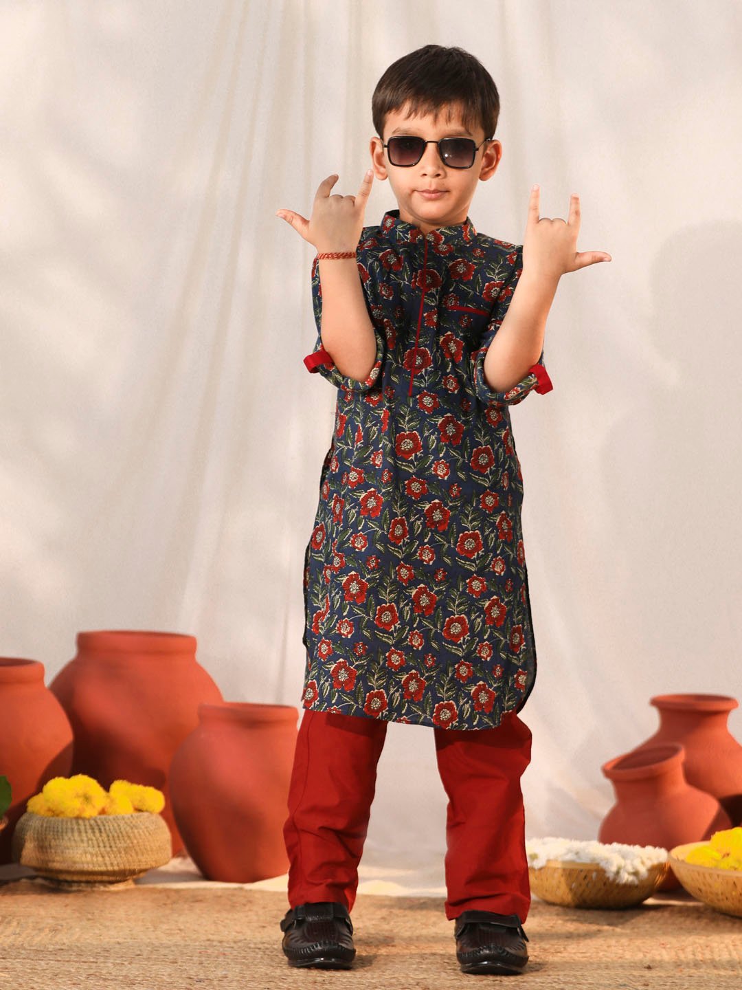 Boys' Navy Blue Kurta Pyjama Set