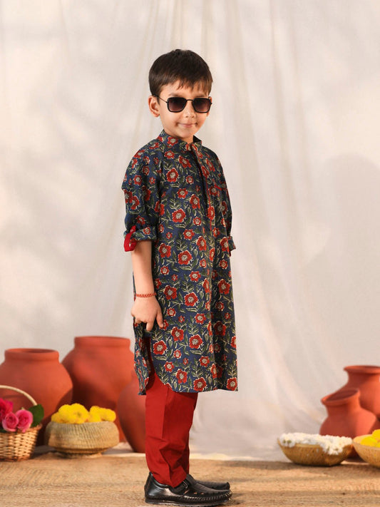 Boys' Navy Blue Kurta Pyjama Set