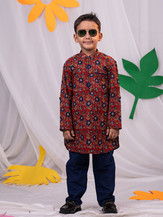 Boys' Rust And White Kurta Pyjama Set