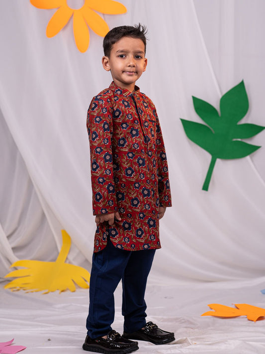 Boys' Rust And White Kurta Pyjama Set