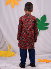 Boys' Rust And White Kurta Pyjama Set