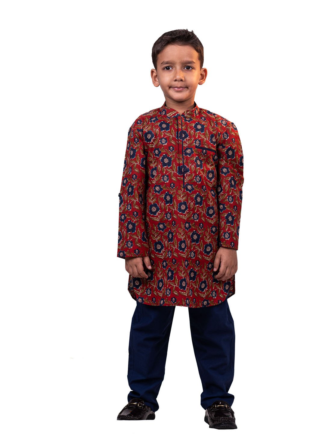 Boys' Rust And White Kurta Pyjama Set