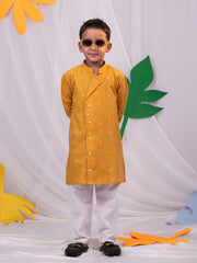 Boys' Mustard And White Kurta Pyjama Set