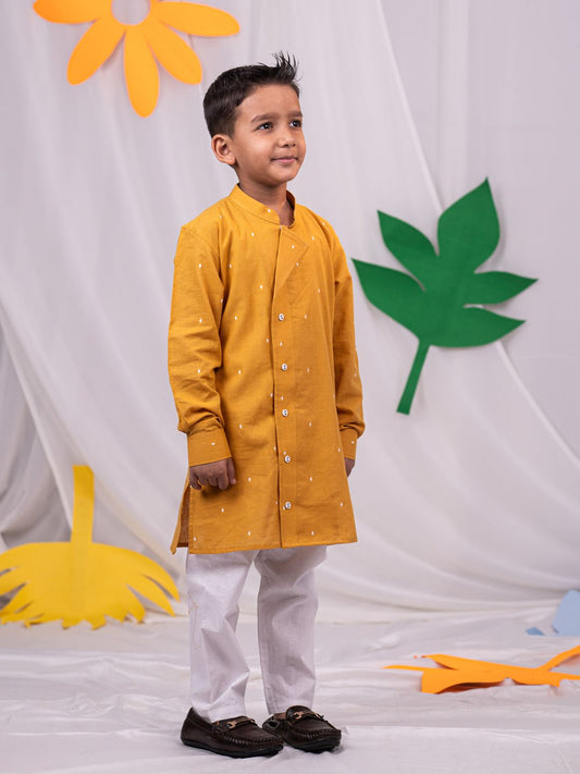 Boys' Mustard And White Kurta Pyjama Set