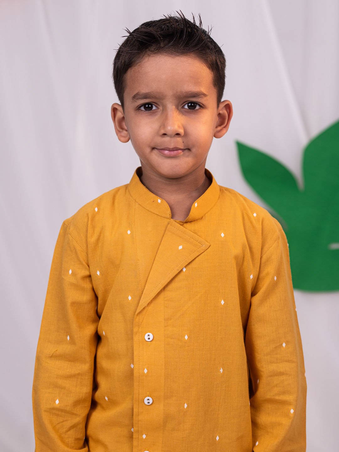 Boys' Mustard And White Kurta Pyjama Set