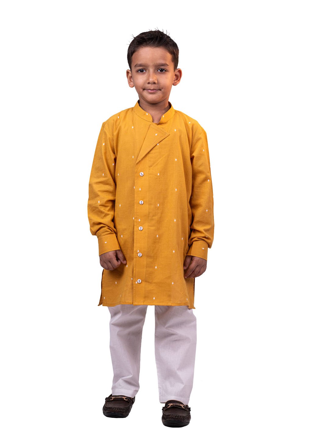 Boys' Mustard And White Kurta Pyjama Set