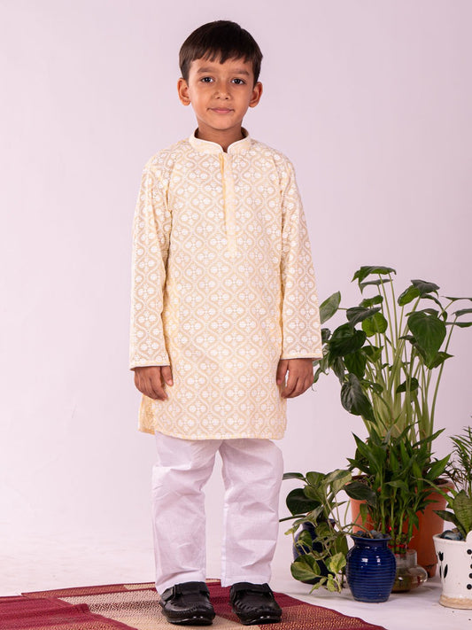 Boys' Yellow And White Kurta And Pyjama Set