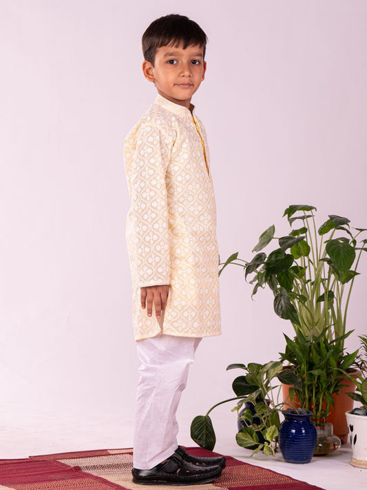 Boys' Yellow And White Kurta And Pyjama Set