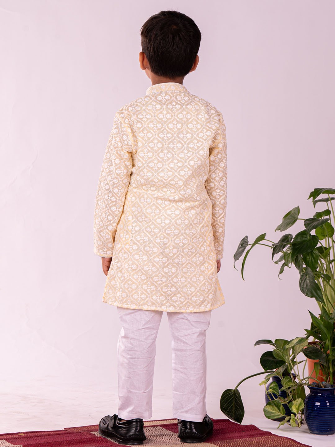 Boys' Yellow And White Kurta And Pyjama Set